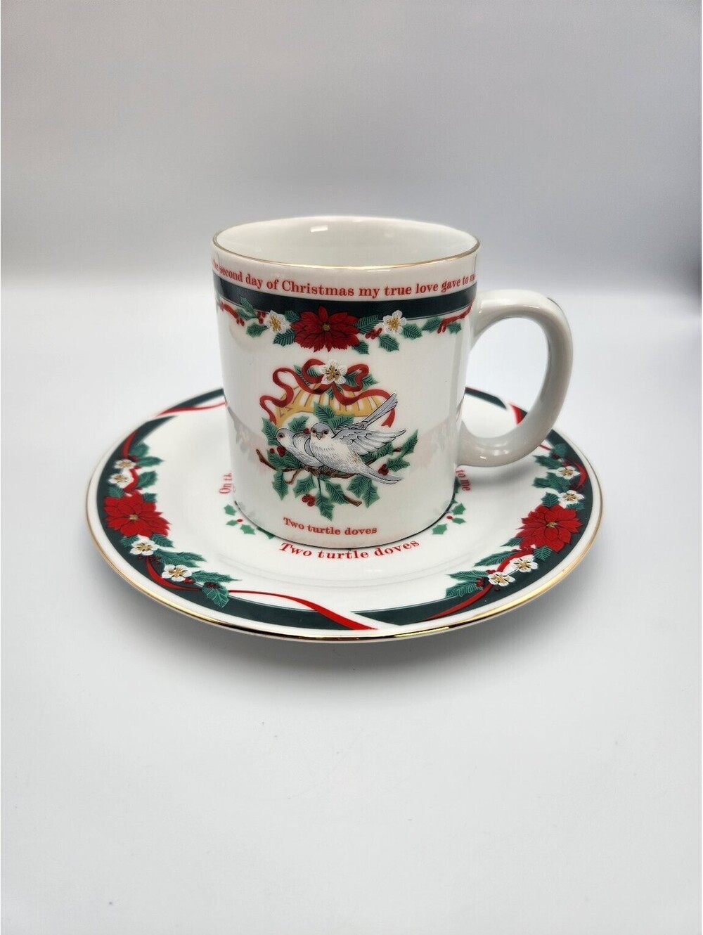 TIENSHAN Deck the Halls Christmas Mug & Saucer Set Two Turtle Doves Fine F4